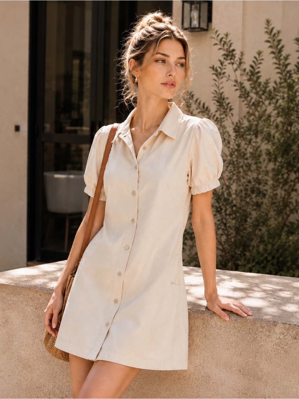 Habitual Cream Puff Sleeve Button-Front Shirt Dress